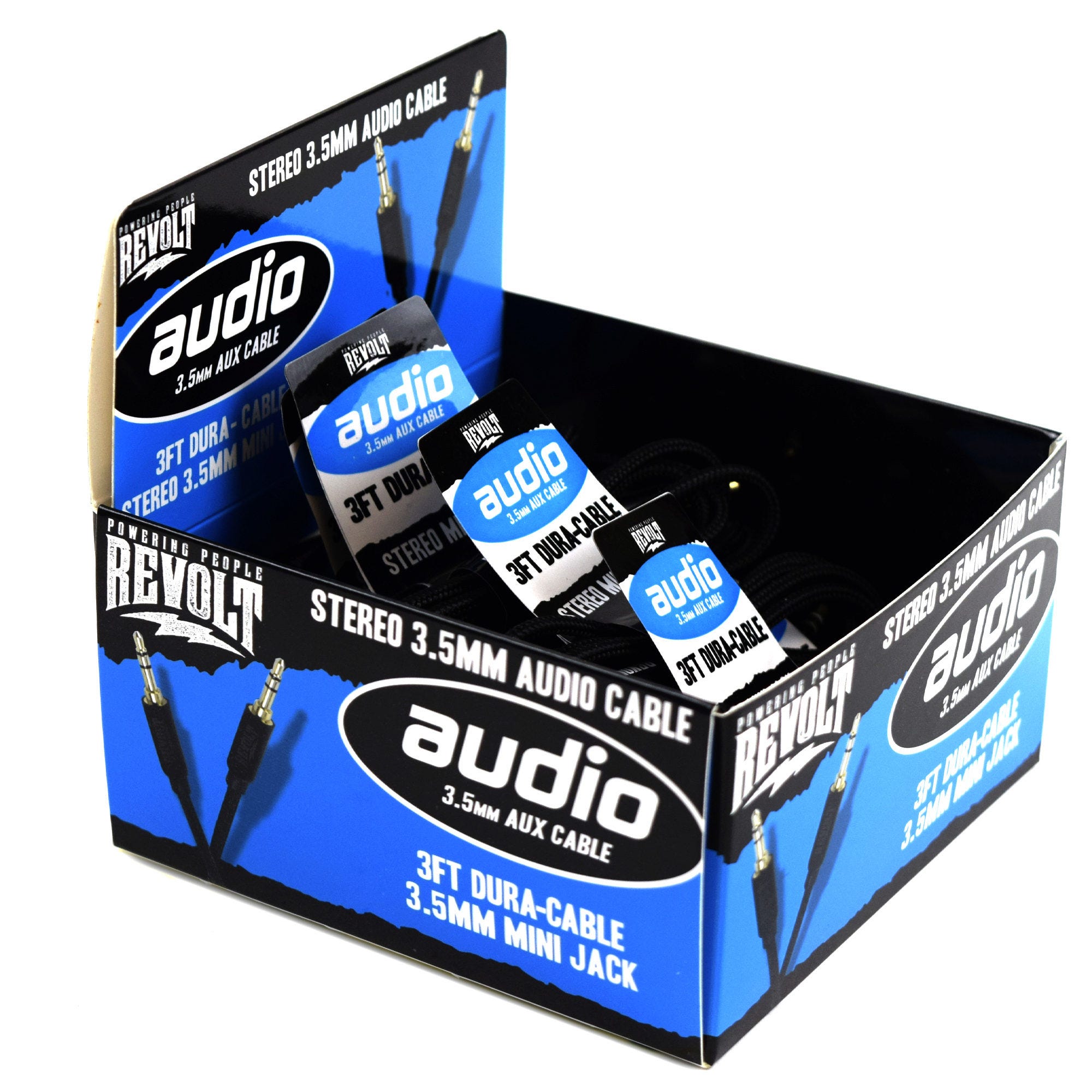 Revolt 3 Foot 3.5mm AUDIO Aux Cable in PDQ Display - Qty 36