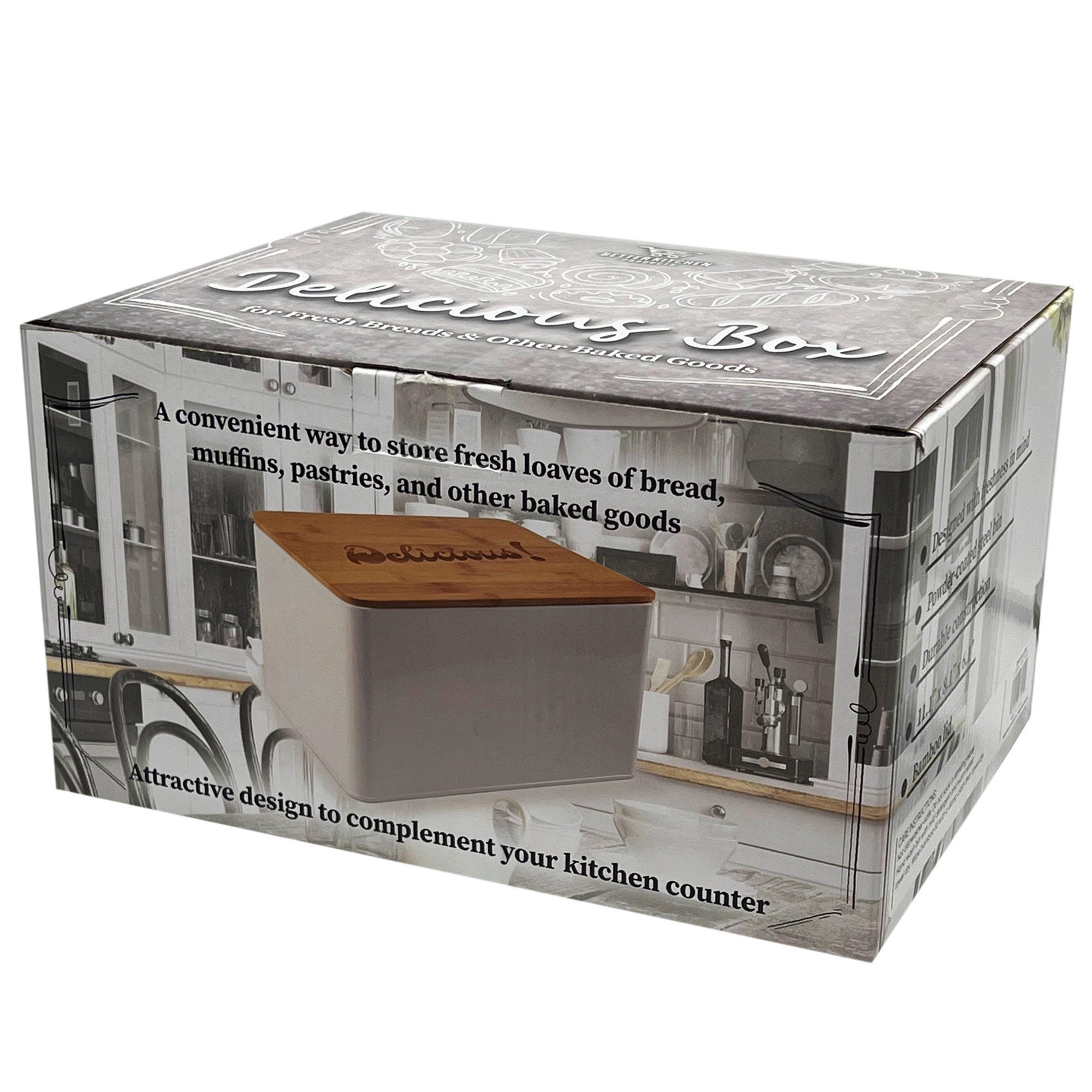 ''Metal Bread Box with Laser Engraved ''''Delicious!'''' BAMBOO Lid - Qty 6''