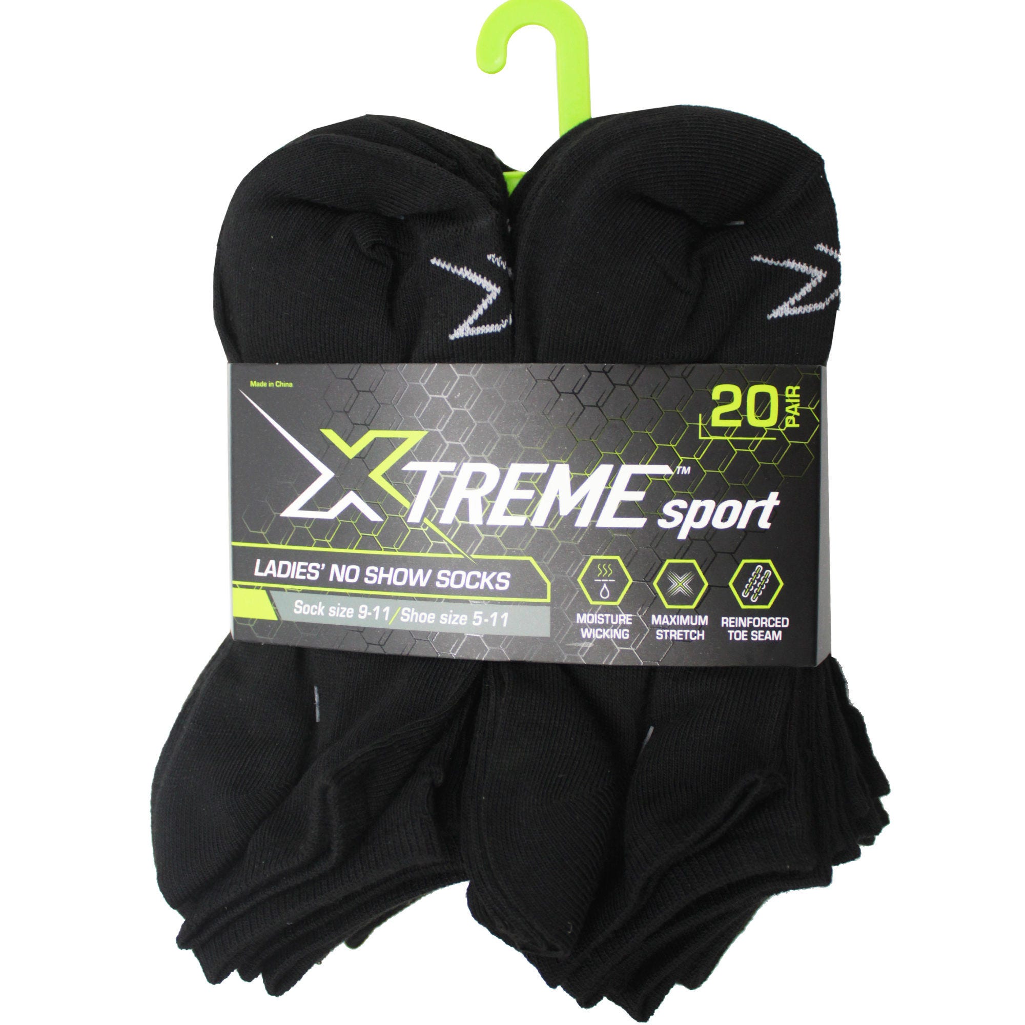 Xtreme Sport 20 Pack Ladies No Show SOCKS in Black Size 9-11 - Qty 6