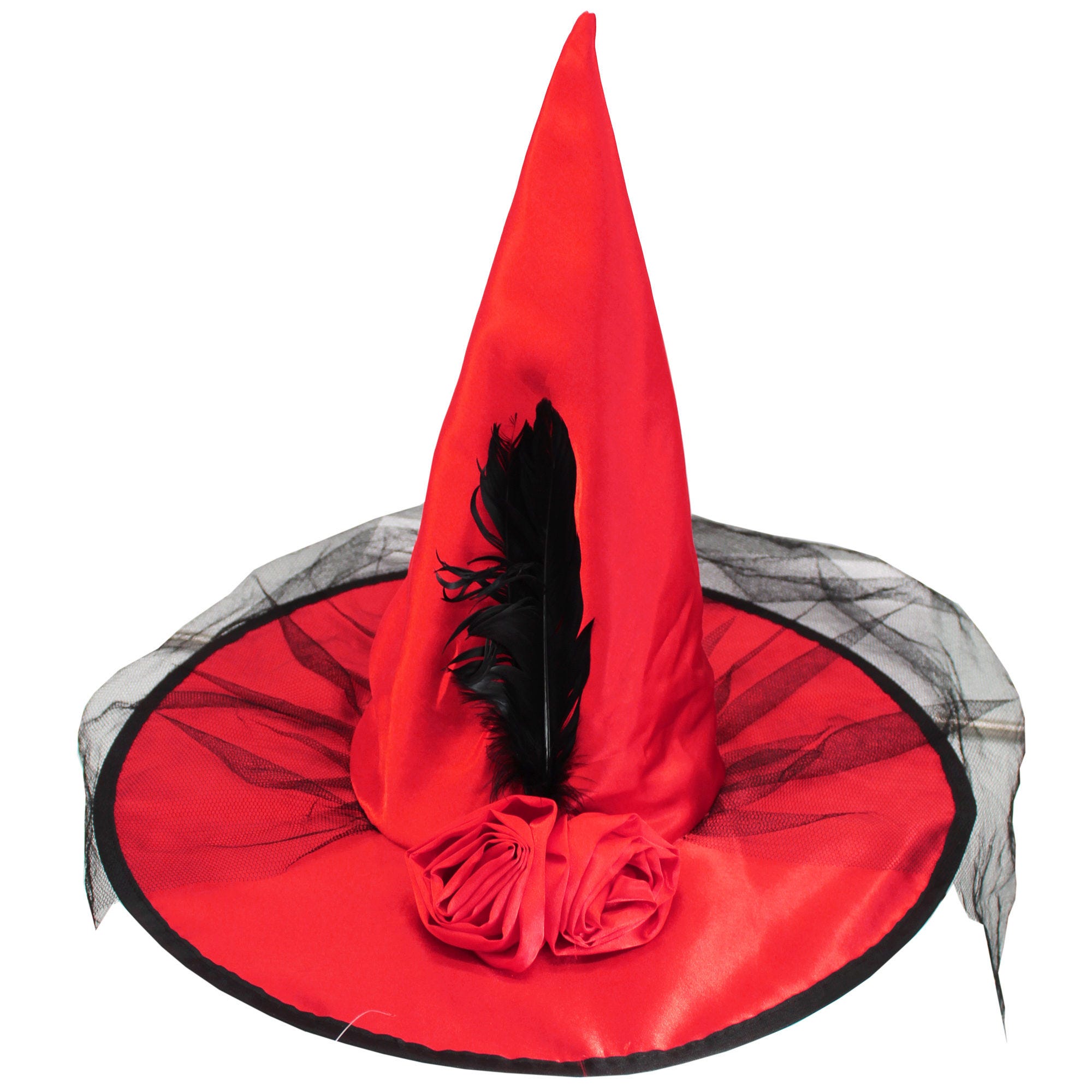 Red Witch Hat with Black Lace and Ribbon FLOWERS with Feathers - Qty 6