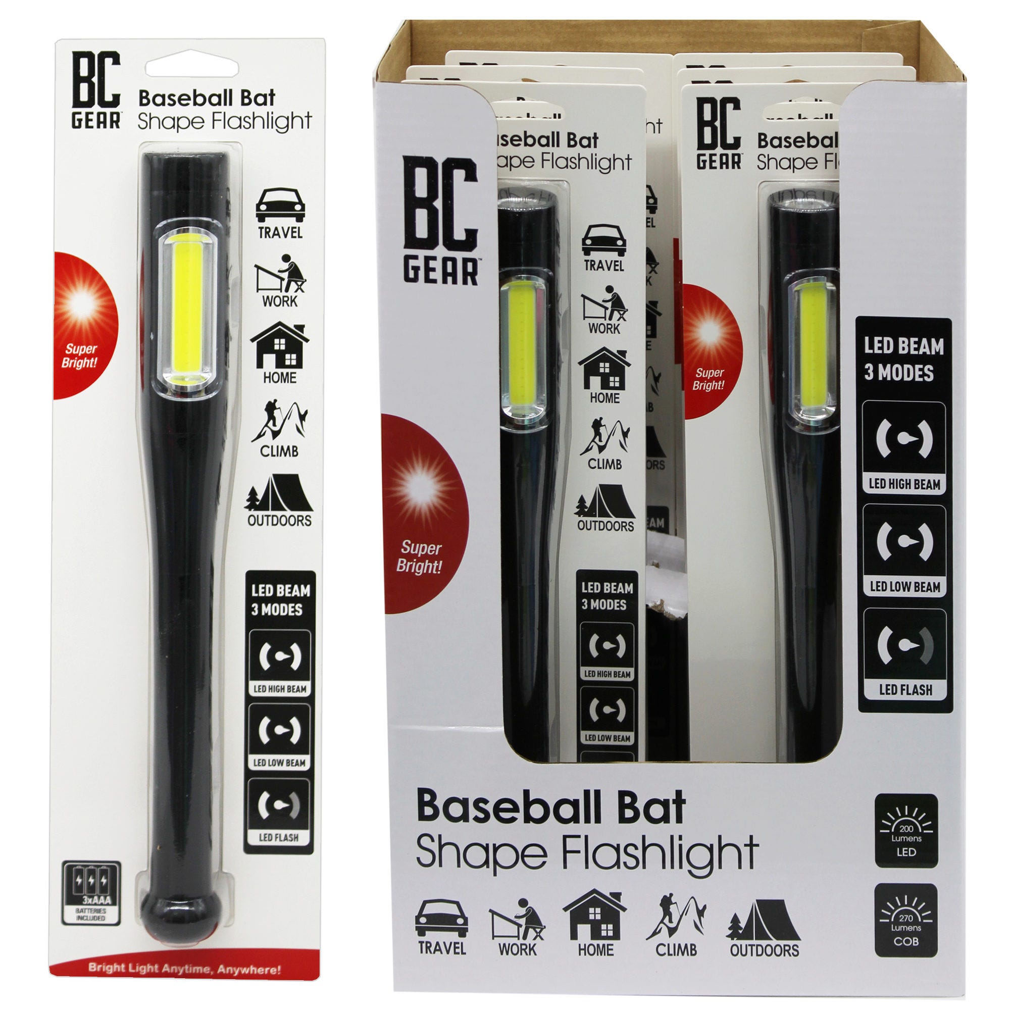 BC Gear 200 Lumen Baseball Bat Shape LED Flashlight with BATTERIES Included in Display - Qty 6