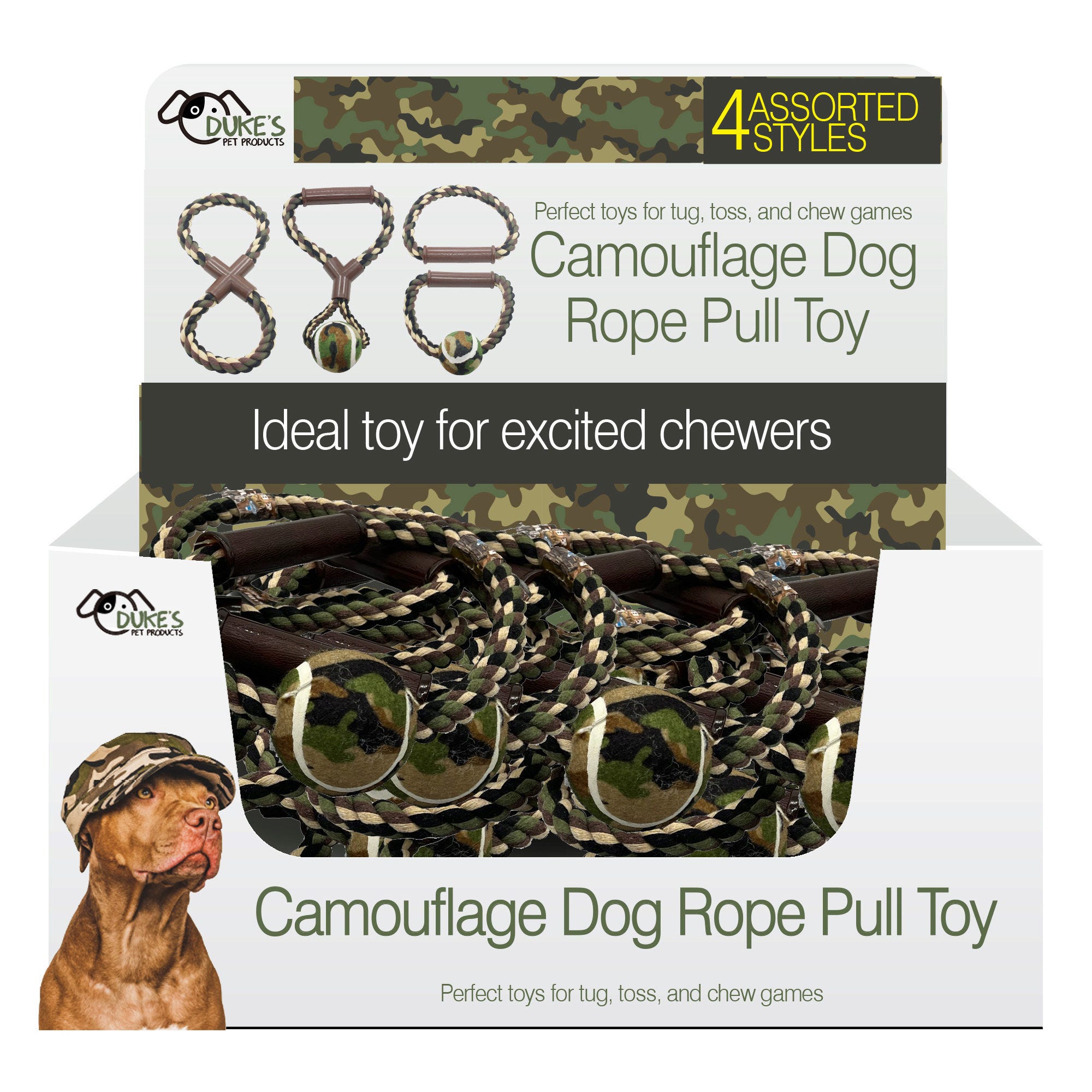 Camouflage DOG Rope Pull Toy 4 Assortment Countertop Display - Qty 24