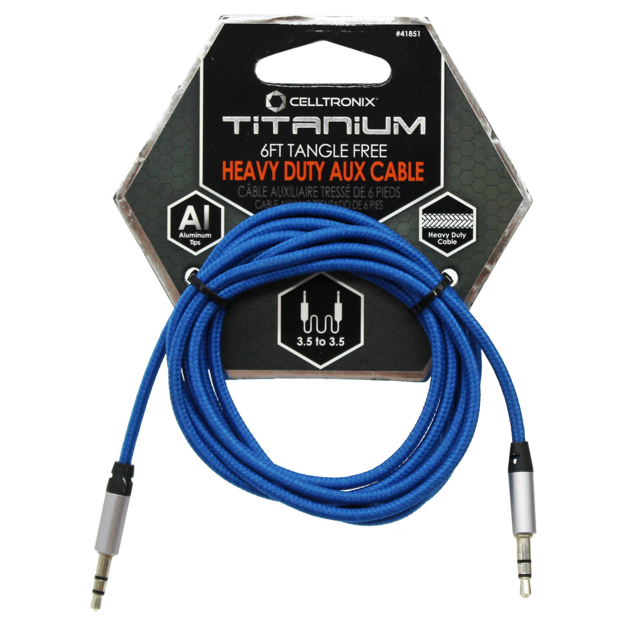 Celltronix Titanium 6 Foot Tangle Free Auxiliary Audio Cable in Arctic Blue - Qty 36