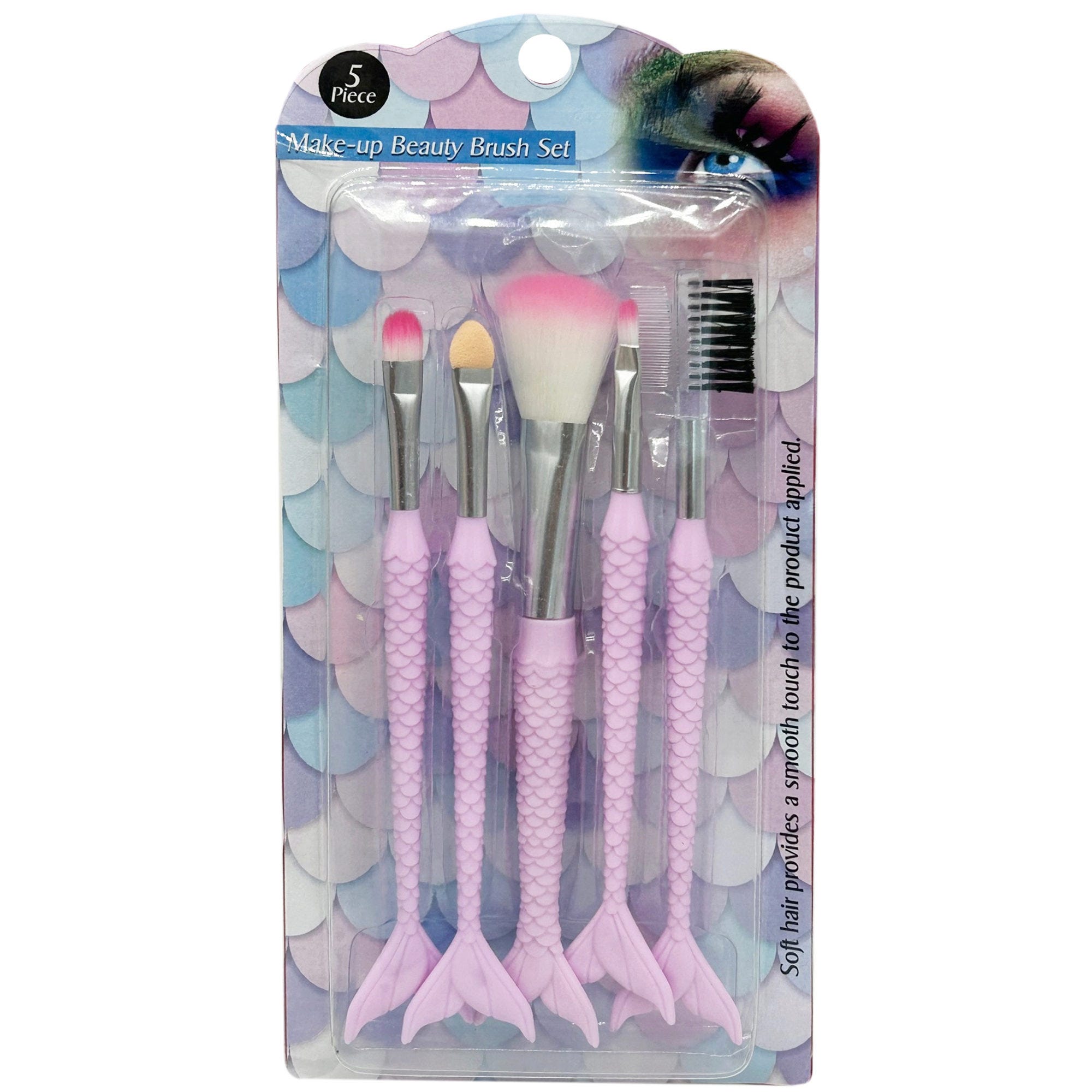 5 Pack Make-up Beauty Brush Set with Mermaid Tail Handles - Qty 24