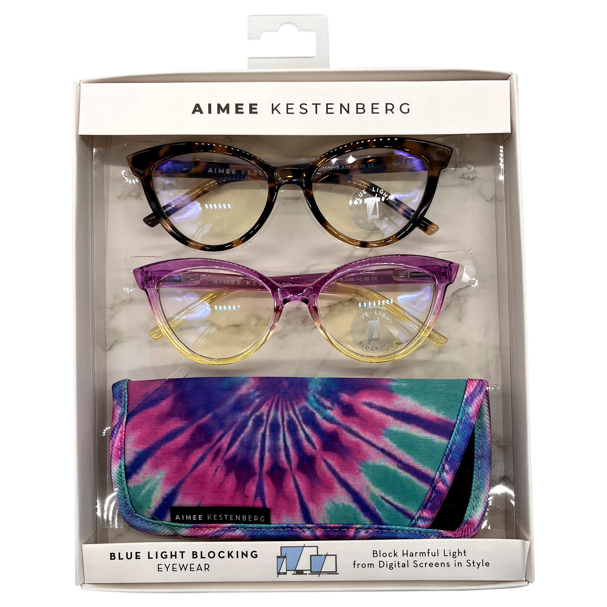 2 Pack Aimee Kestenberg Cateye Blue Light +0.00 Reading GLASSES in Purple Ombre & Tortoise with Tie 