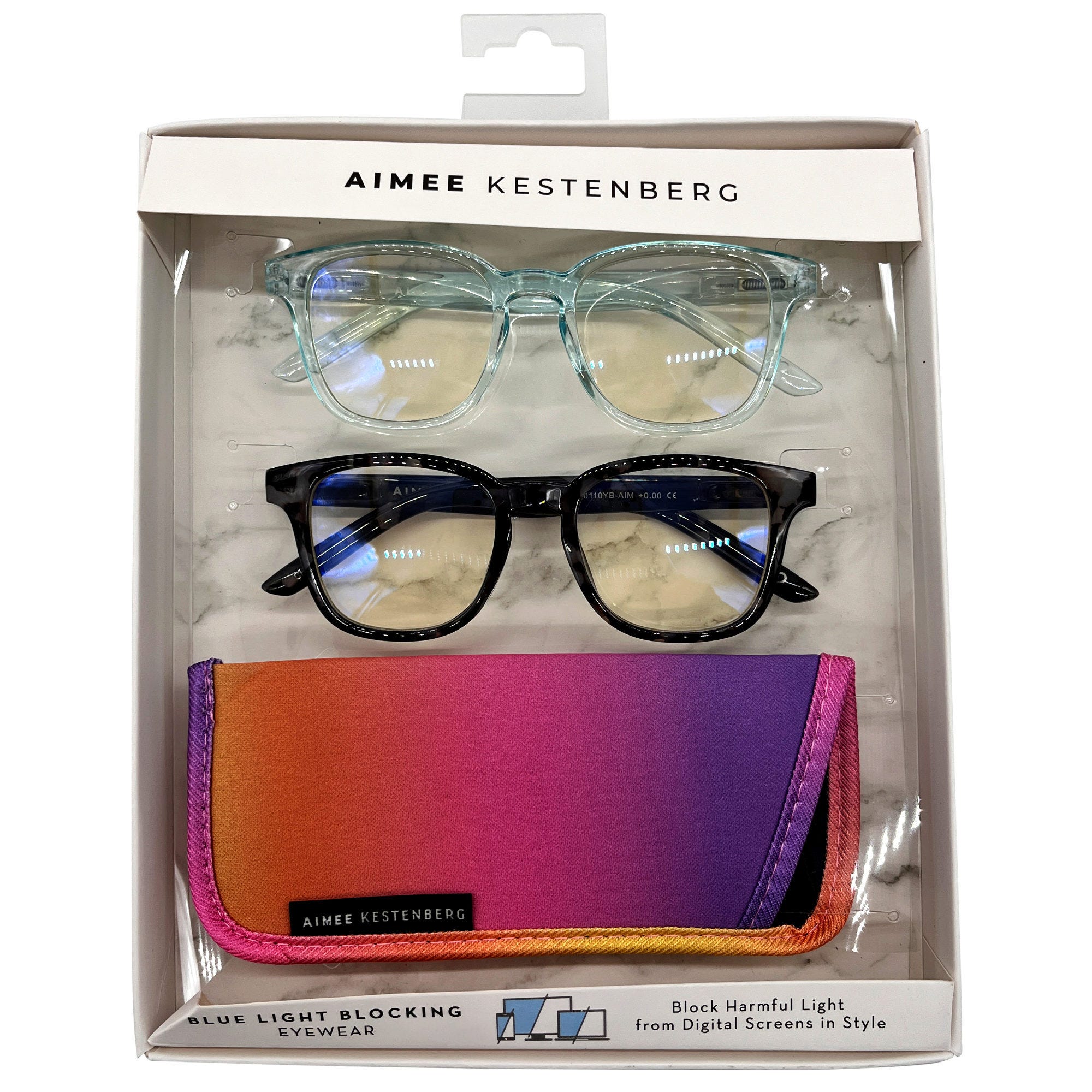 2 Pack Aimee Kestenberg Square Blue Light +0.00 Reading GLASSES in Blue & Black Tortoise with Sunset