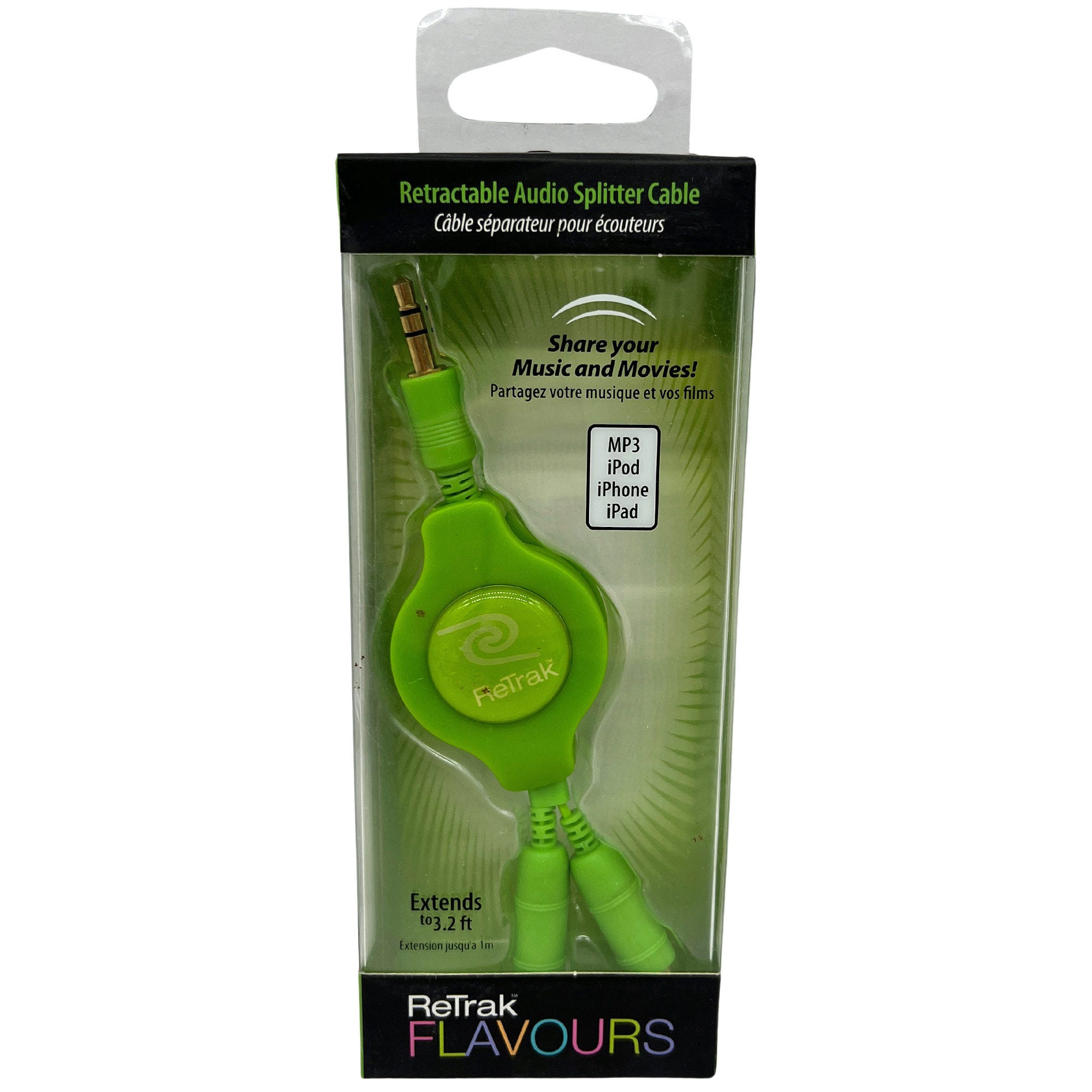 ReTrak's 3.2ft Retractable Audio Splitter Cable in Green - Qty 36