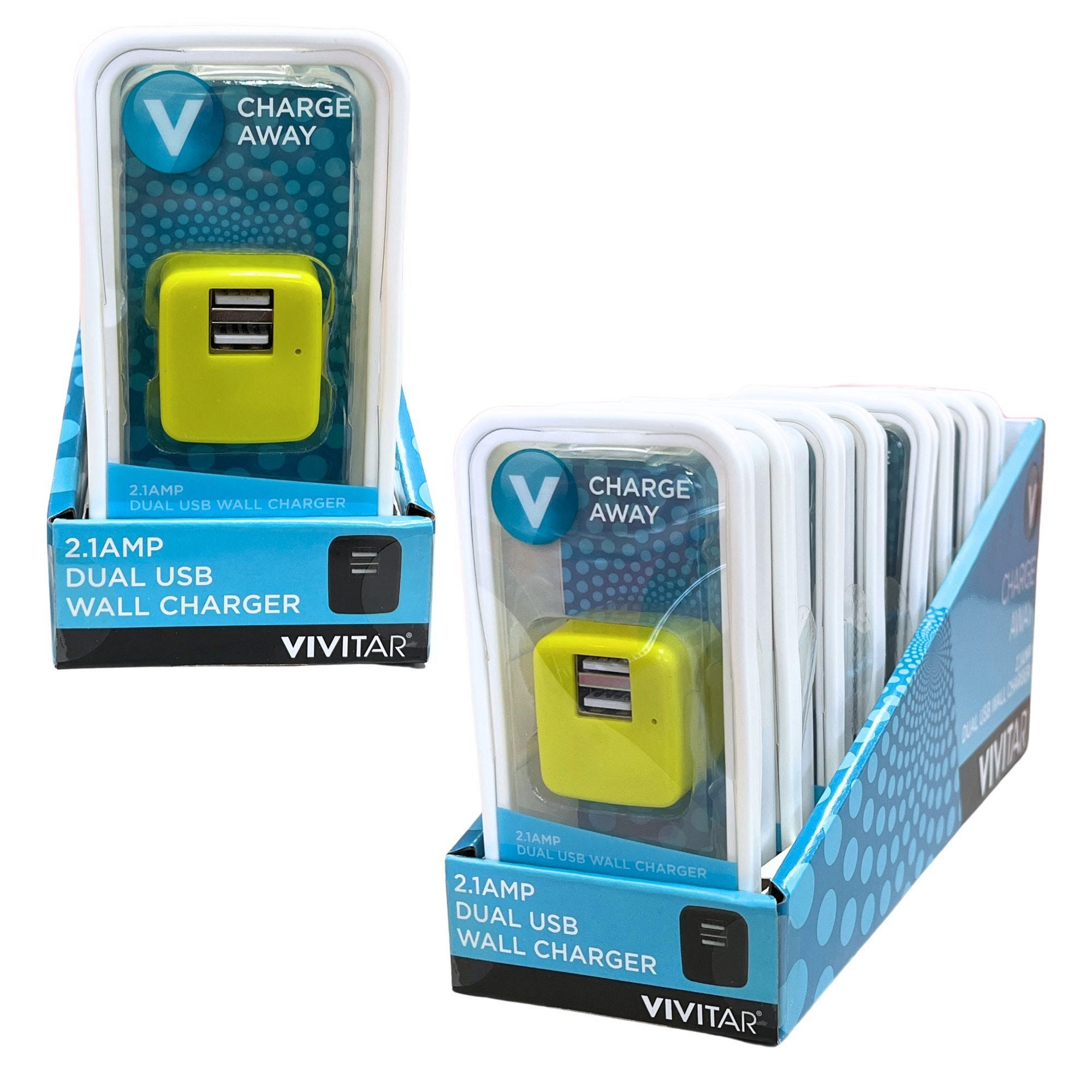 Vivitar 2.1 AMP Dual USB Wall CHARGER in Assorted Colors in PDQ Display - Qty 20