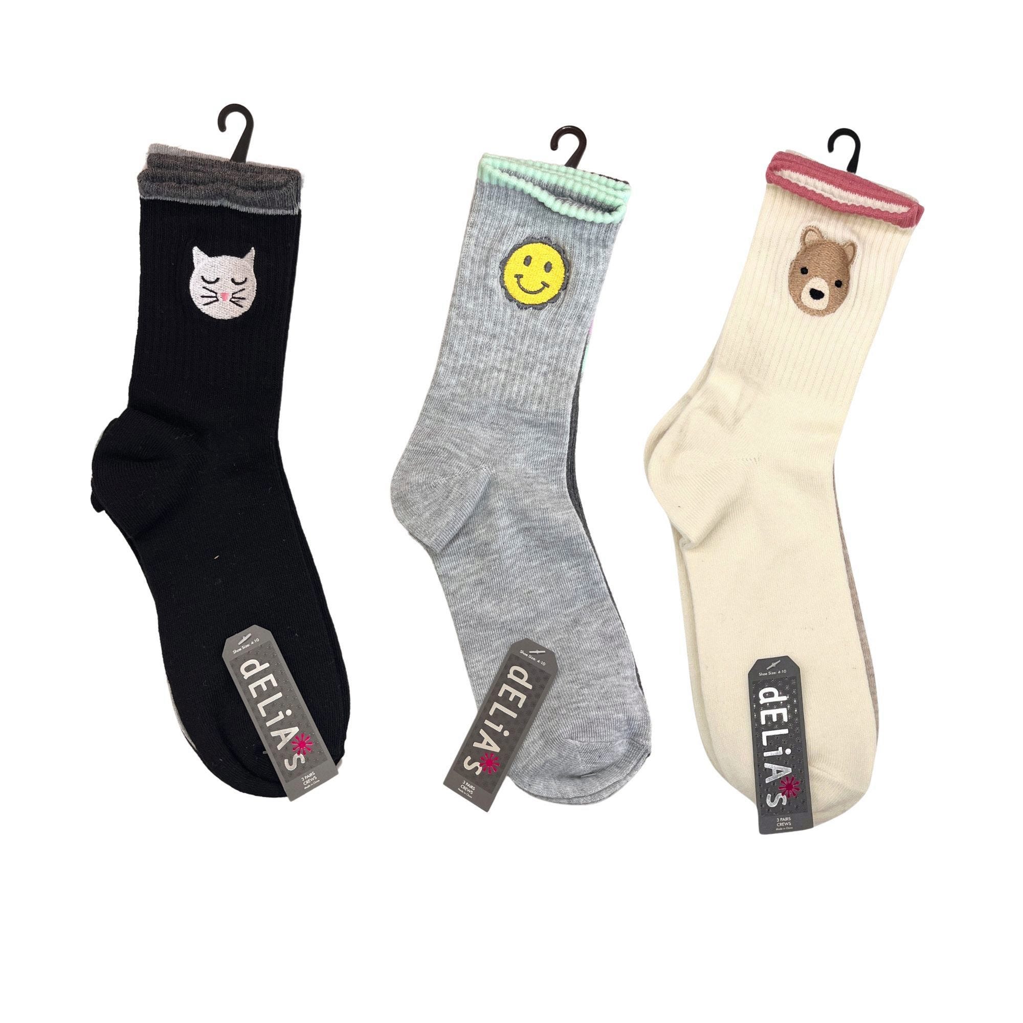 Delias Women's 3 Pack Assorted Color & Ankle Embroided Details Crew Socks - Qty 18