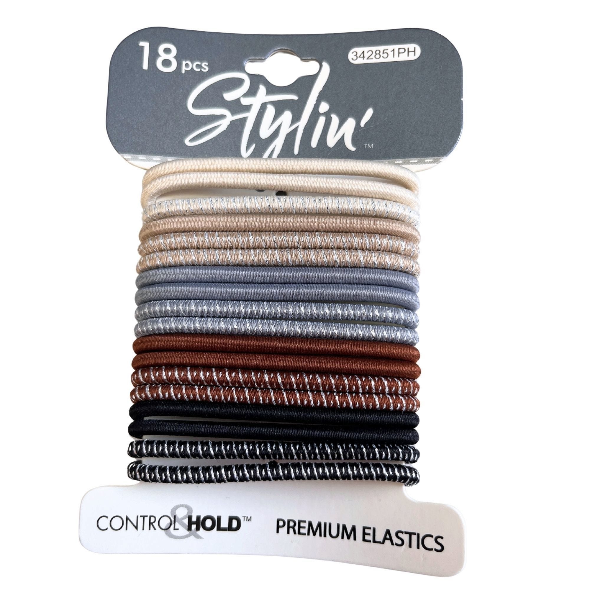 Stylin' 18 Piece Control Hold Premium Hair ELASTICs in Brown & Gray - Qty 36