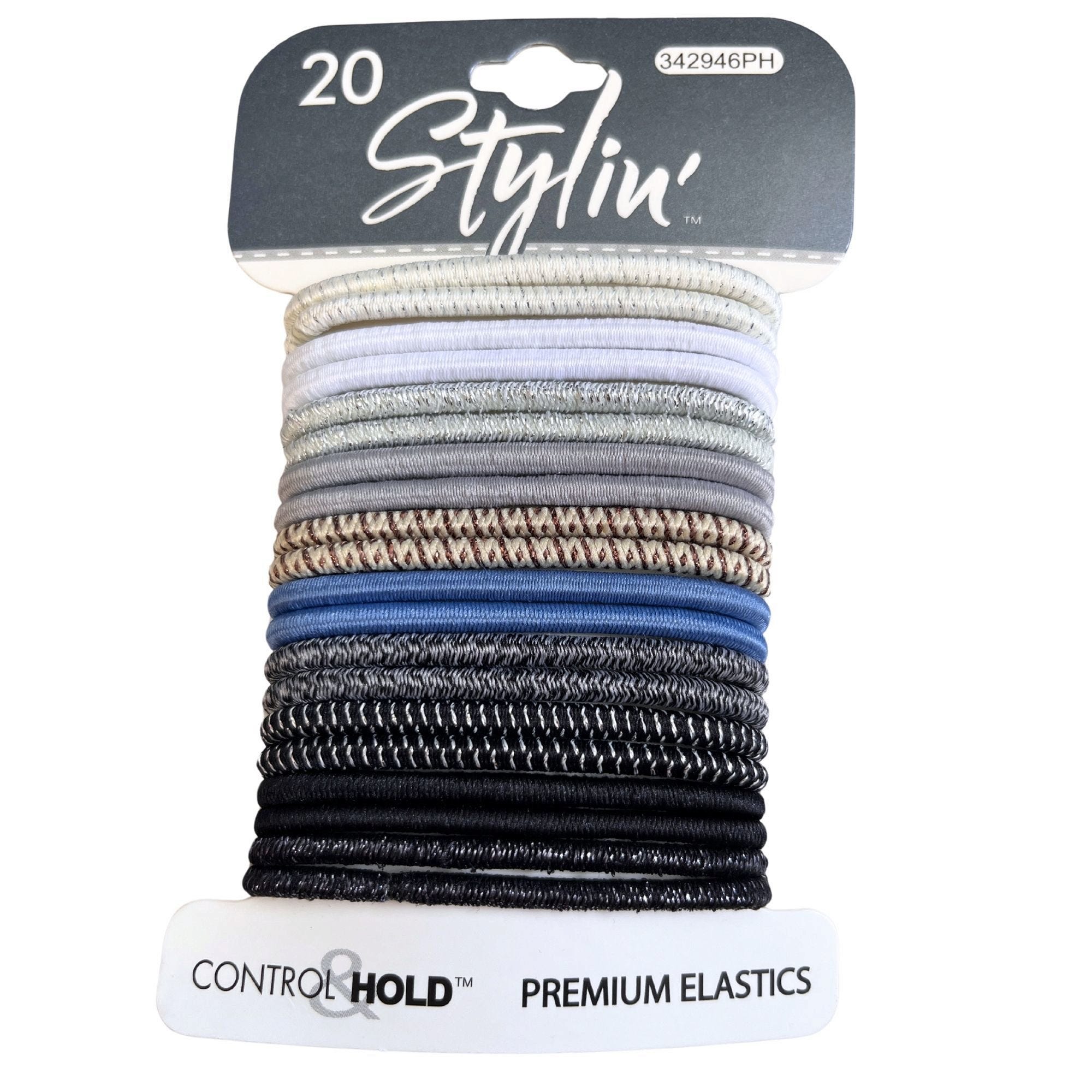 Stylin' 20 Piece Control Hold Premium Hair ELASTICs in Blue & Gray - Qty 36