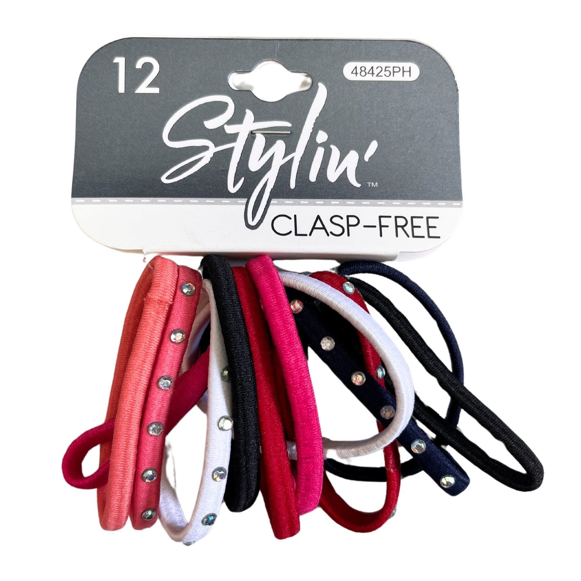 Stylin' 12 Piece Clasp Free Hair Elastics in Assorted Colors and Rinestone Details - Qty 36