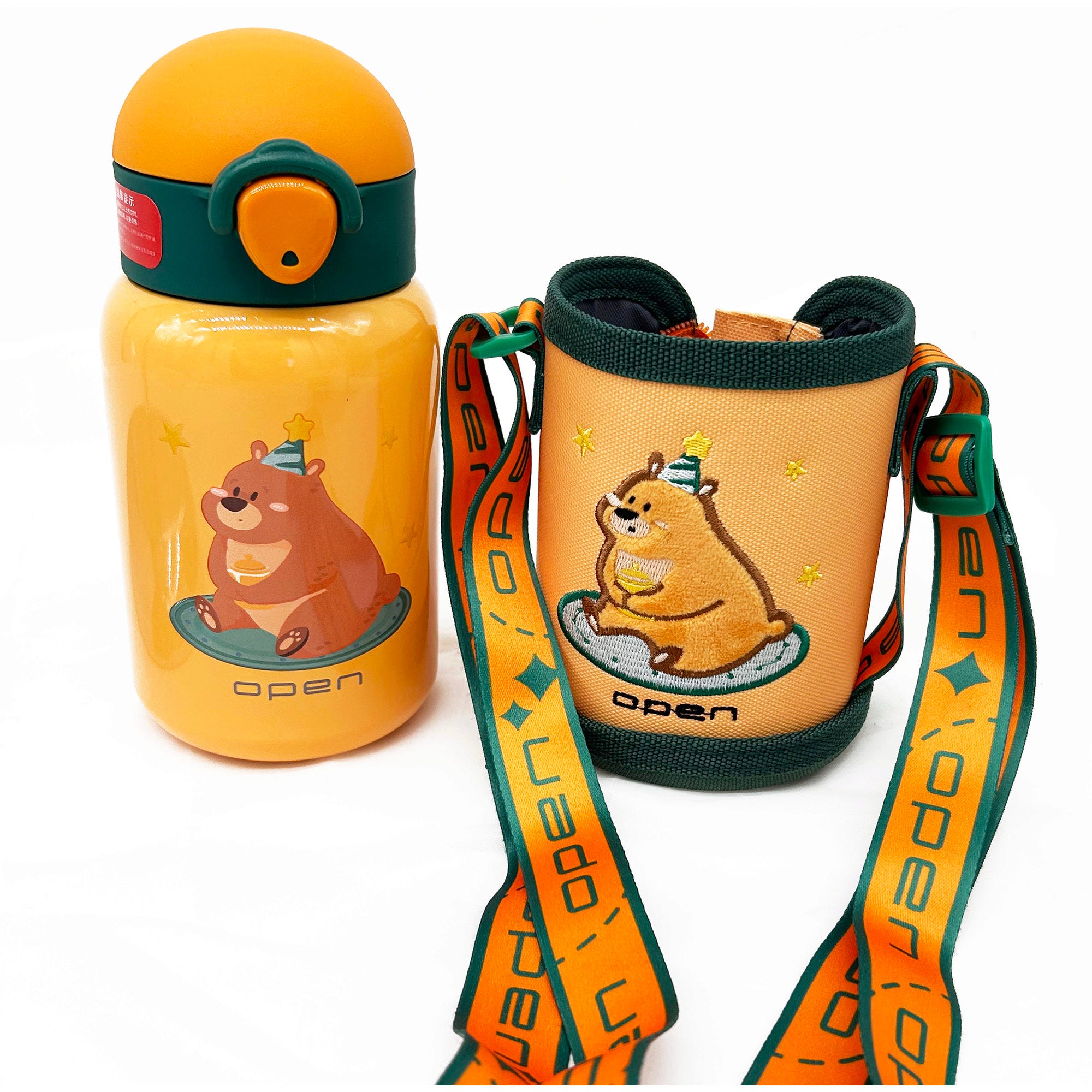 16 oz Kids BEAR Double Wall Vacuum Water Bottle and Carrier Bag with Strap - Qty 6