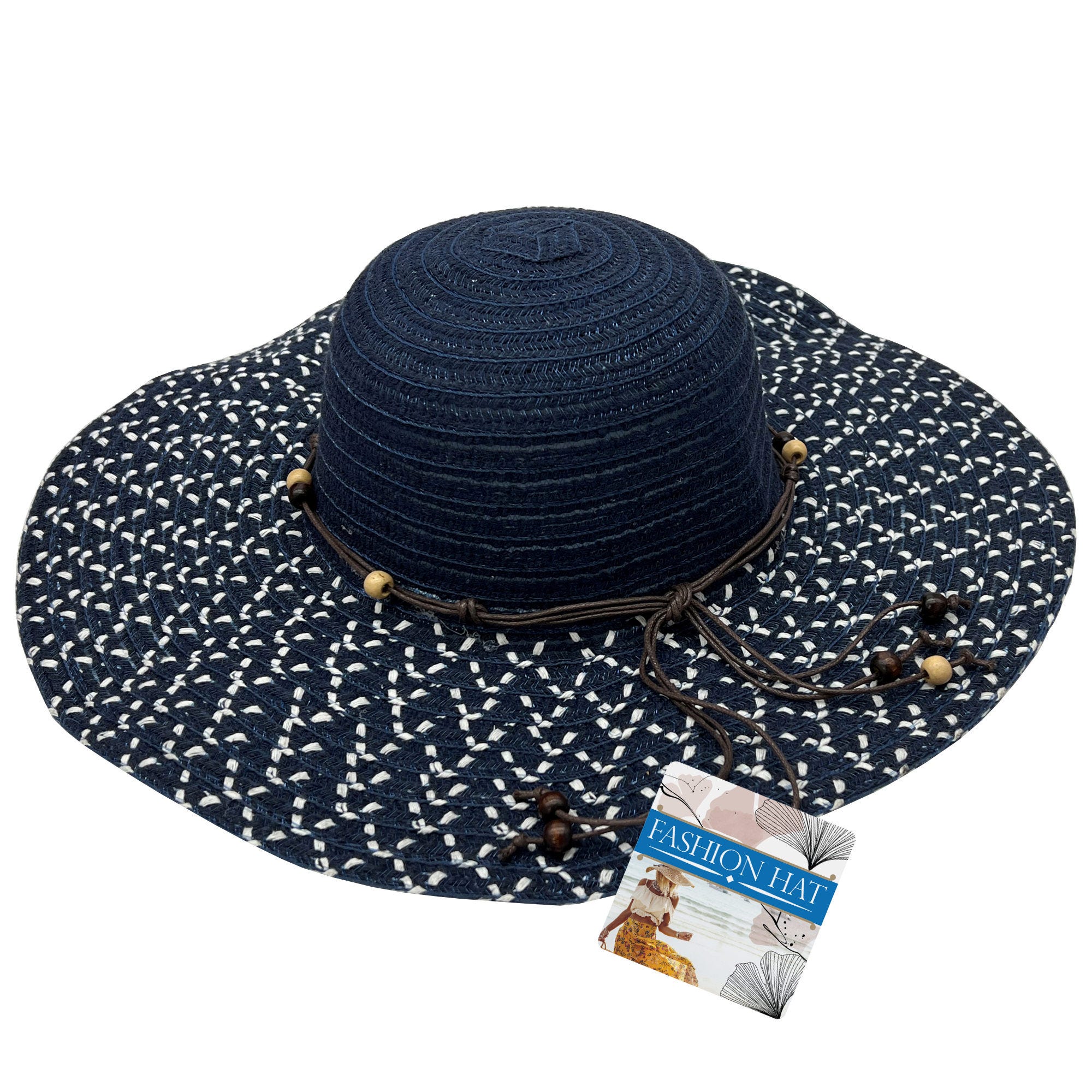 ADULT Fashion Woven Sun Hat with Beads and Chin Strap - Qty 12