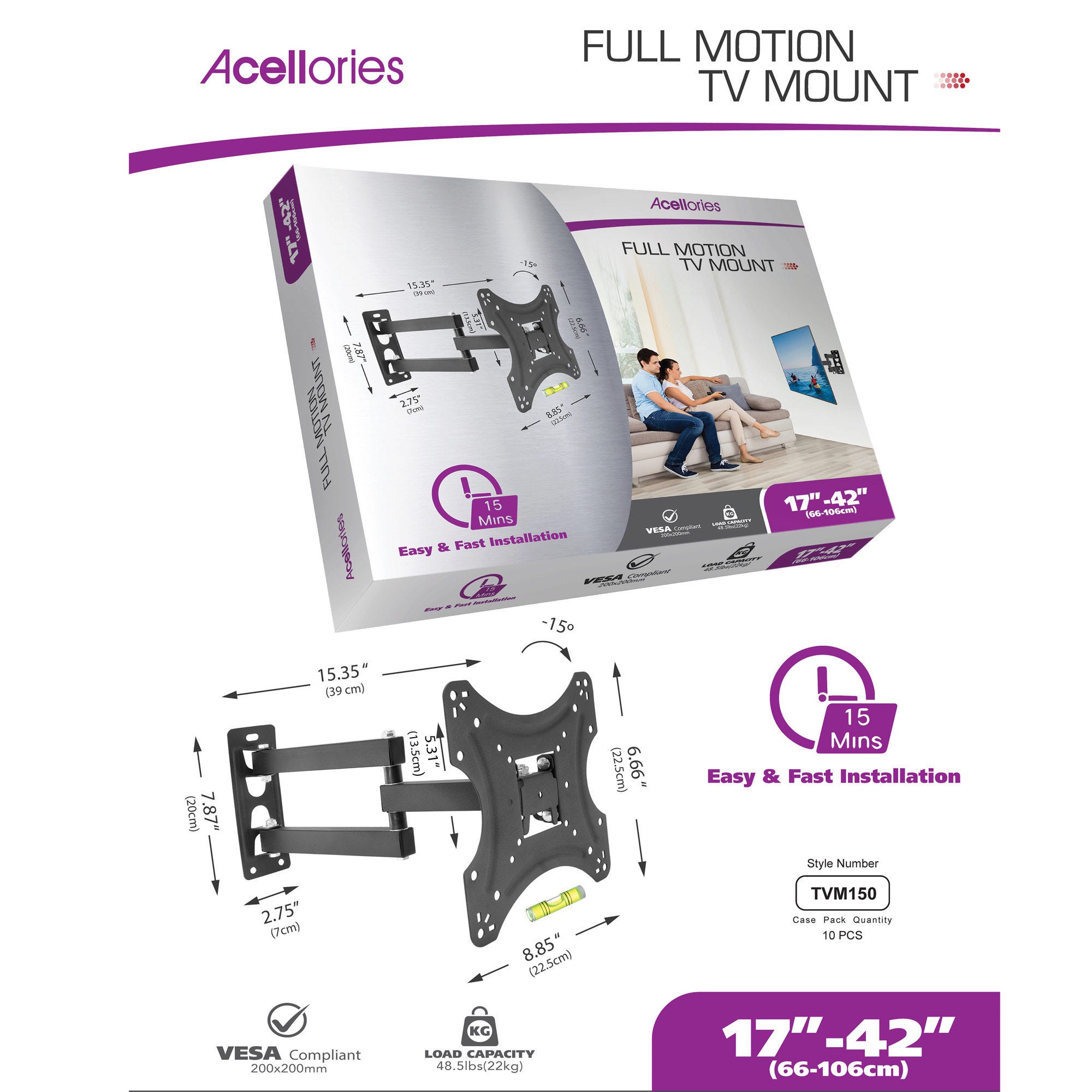 ''Acellories Full Motion 17'''' - 42'''' TV Mount with Easy Installation - Qty 2''