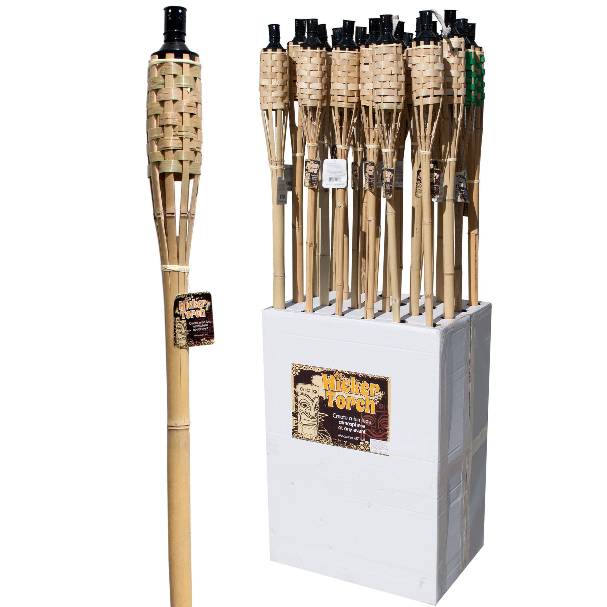 Natural BAMBOO Wicker Tiki Torch Floor Display - Qty 24